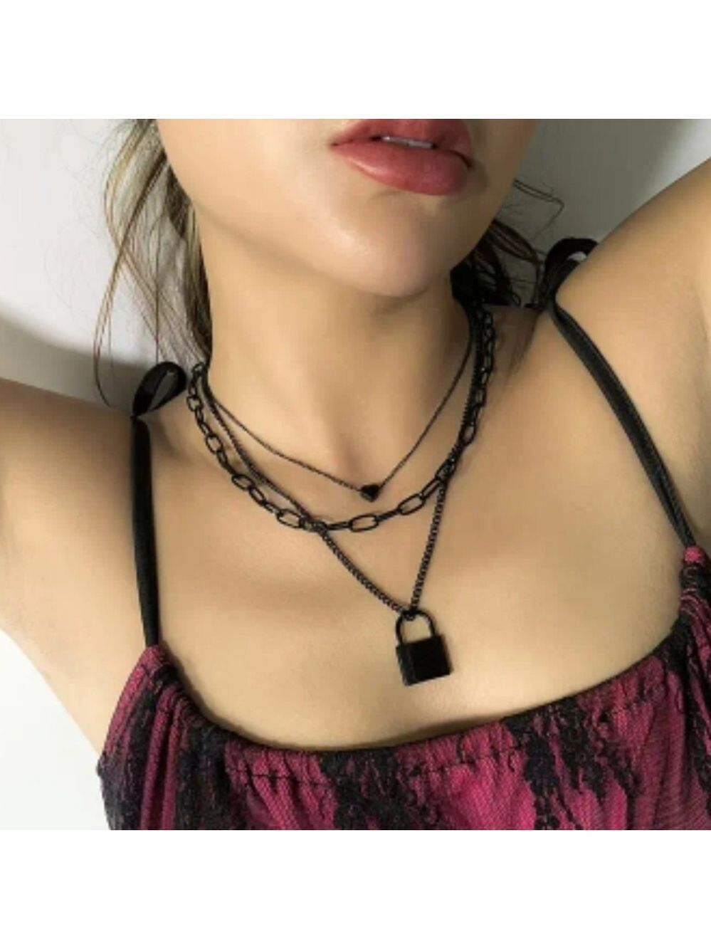 Black Chain Necklace with Padlock Pendant